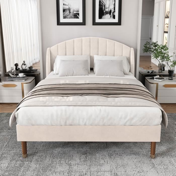 lit capitonné double 160 x 200 cm en velours avec pieds en bois, beige