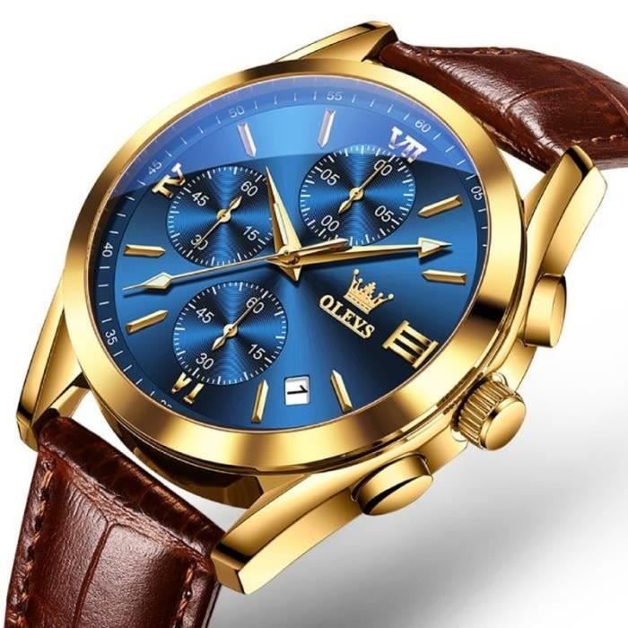 OLEVS Heren Chronograaf Horloge - Kwartshorloge Met Lederen Band, Gouden Kast En Datum, Waterdicht