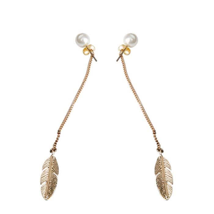 Boucles d'oreilles pendantes longues pompon de perles simulées pour goutte de plume de feuille de femmes GT3733