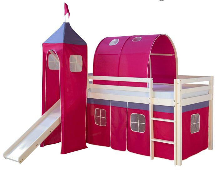 lit mezzanine 90x200cm avec échelle toboggan en bois laqué blanc et toile rose foncé incluse lit06010/3