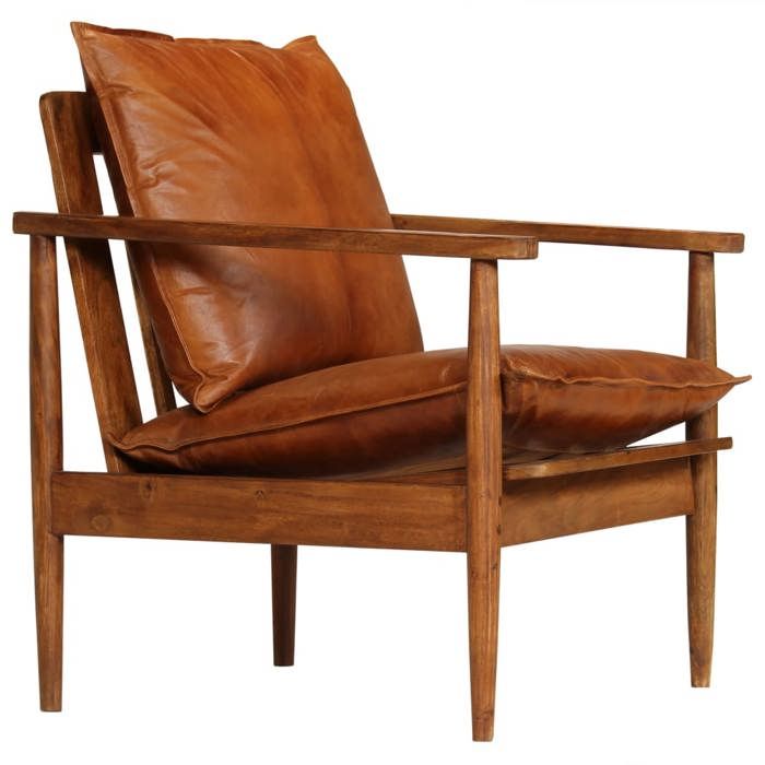 Fauteuil chaise siege lounge design club sofa salon cuir veritable avec bois d acacia marron