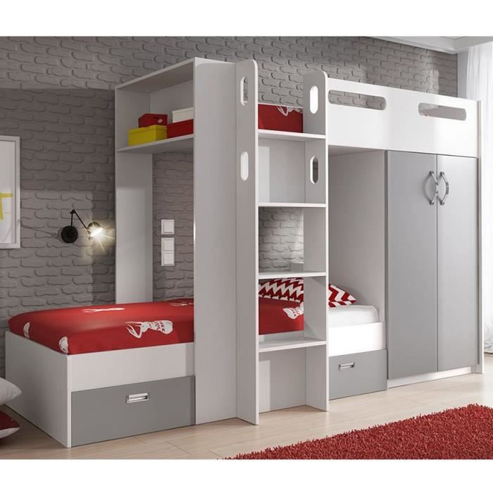 Lit Superpose 90x200 Avec Rangement Blanc Et Gris Maelyse L 290 X