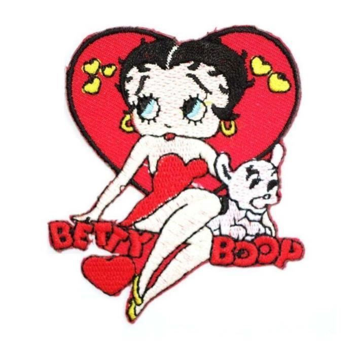 Patch Betty Boop avec son chien et un coeur - BETTY BOOP - 7x6 cm - Blanc - Rouge - Tissu