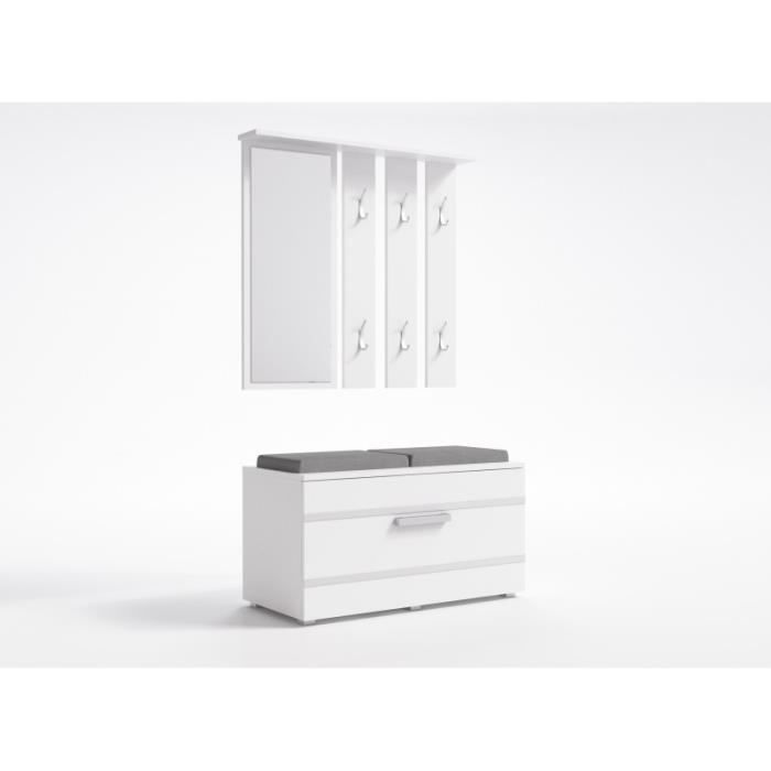 kathi - meuble d'entrée avec miroir + banc - 35x85x180 cm - banc coffre à chaussures - 6 crochets - vestiaire - blanc