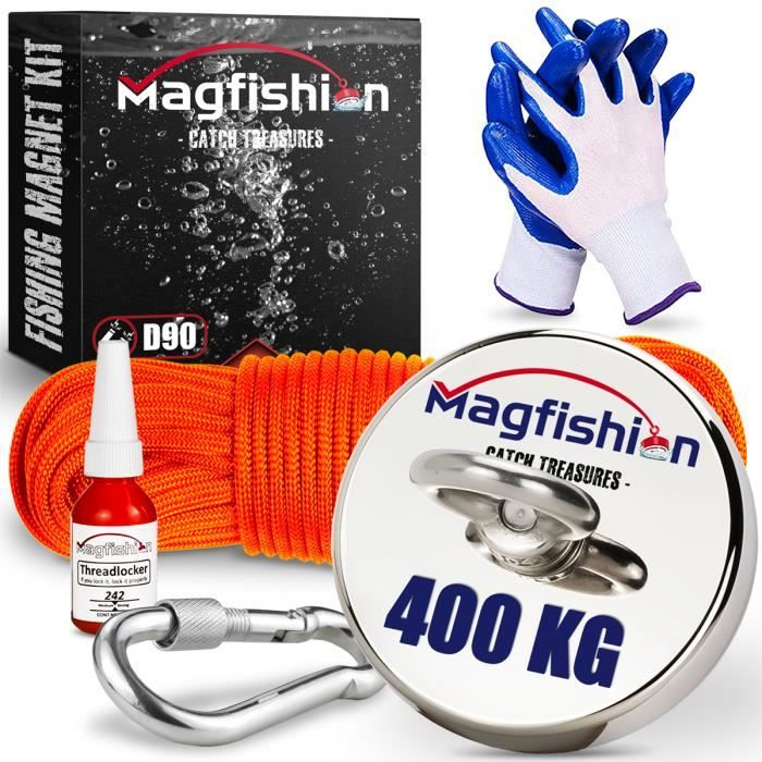 Magfishion Set Aimant de Pêche Puissant Superbe - Traction 400 kg - Aimant  Néodyme - Avec Corde de 20m, Colle et mousqueton - Ø90mm - Cdiscount Maison