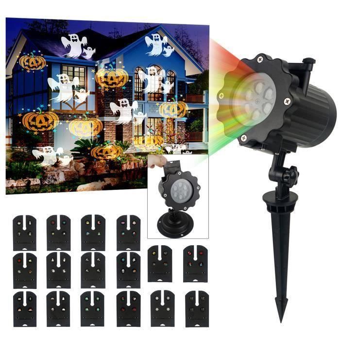 Projecteur Extérieur Fêtes Noël Halloween - 16 Diapositives HD, Motifs Flocons, Sapins, Citrouilles - IP65 étanche, Pour Jardin, Façade