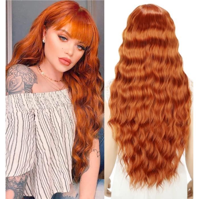 Perruque Synthétique Longue Rouge Foncé Bouclée Avec Frange – Bonnet Moyen, Résistante à La Chaleur