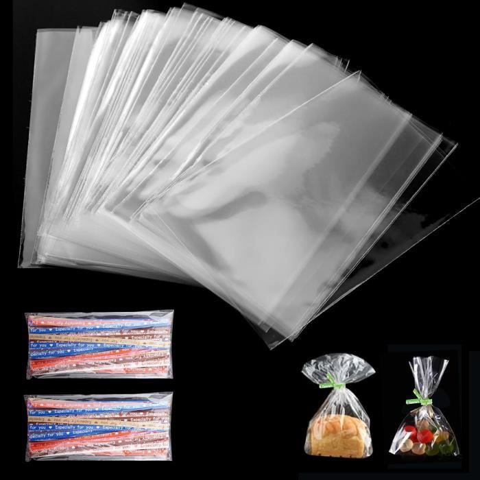 200 Sachets Plastique Transparents 14x20cm Avec Liens Dor√©s - Pour Bonbons, Biscuits, Cadeaux Et Mariages - 3