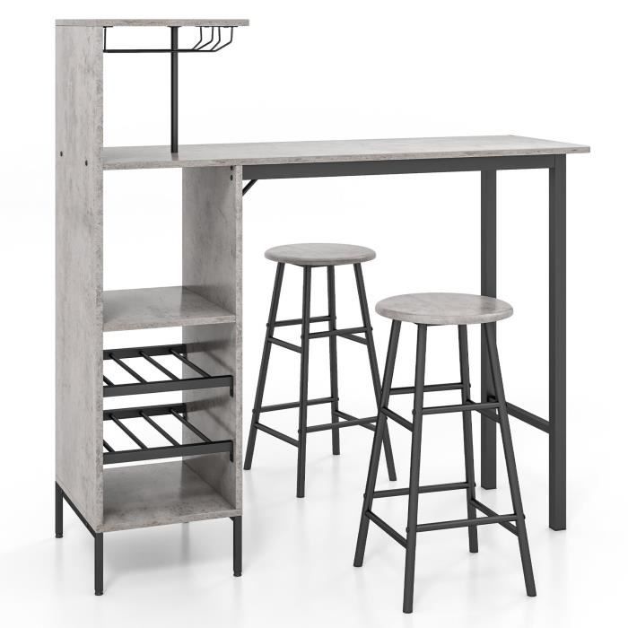 costway ensmeble table haute de bar avec étagères, mange debout avec 2 tabourets, 120 x 40 x 120 cm, style industriel, gris