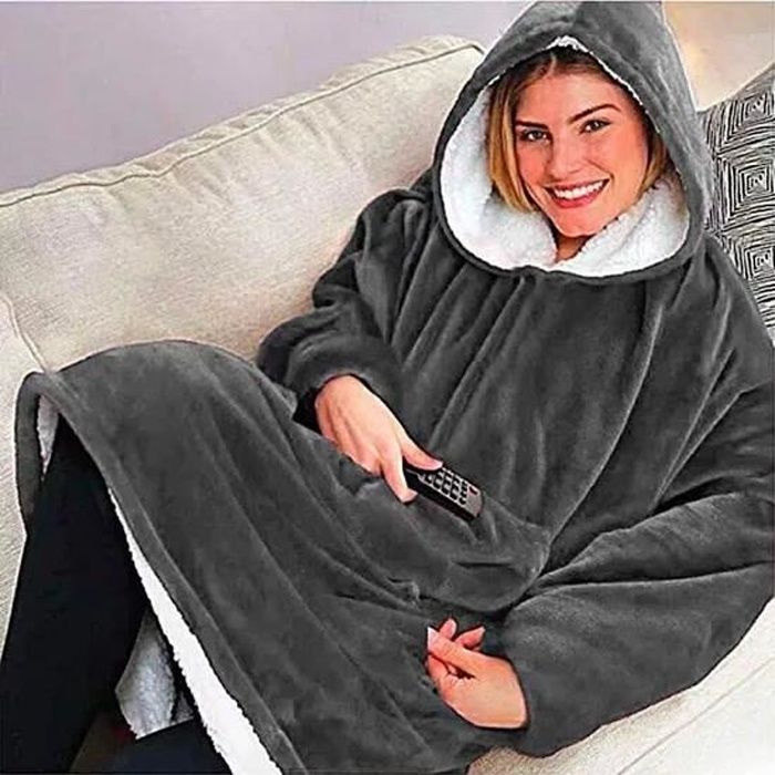 Femmes Hommes Huggle Hoodie Couverture 120 cm Manches Longues En Peluche Lazy TV Pull En Plein Air Robe Chaude gris taille unique