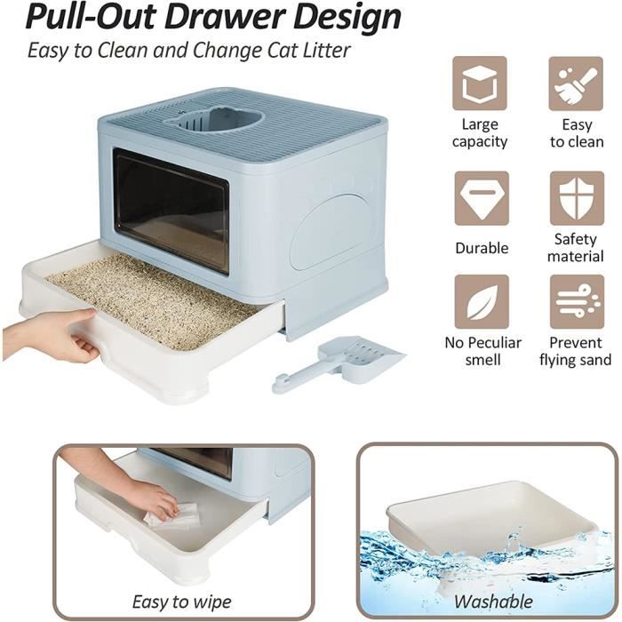 Meilleurs prix pour Maison de Toilette pour Chat - HUOLE - Bac à Litière Inférieur Amovible - Pas de fuites - Bleu