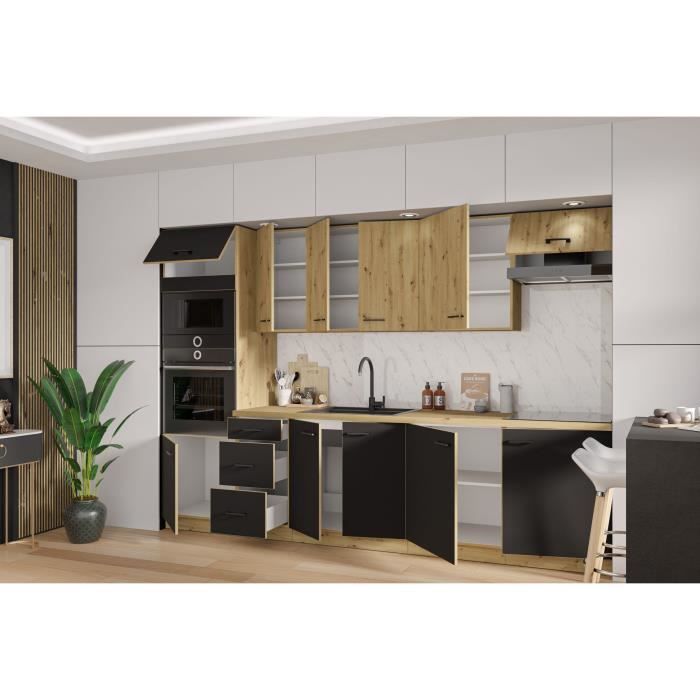 MODENA - Cuisine complète - 300 x 52 x 82 cm - Chêne artisan / Noir mat - Plan de travail non inclus