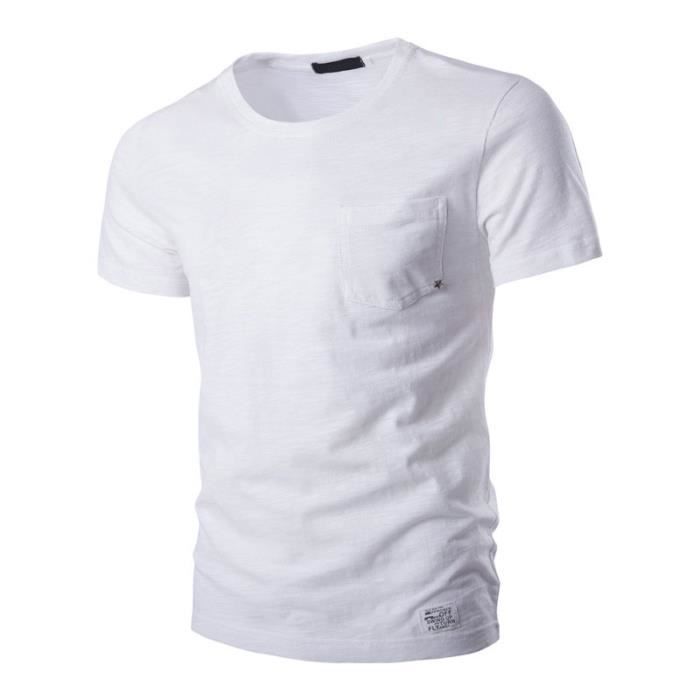 T shirt pas cher Homme Col rond coton Couleur pure Poches Petite toile Blanc Polo Hommes V Tement Masculin