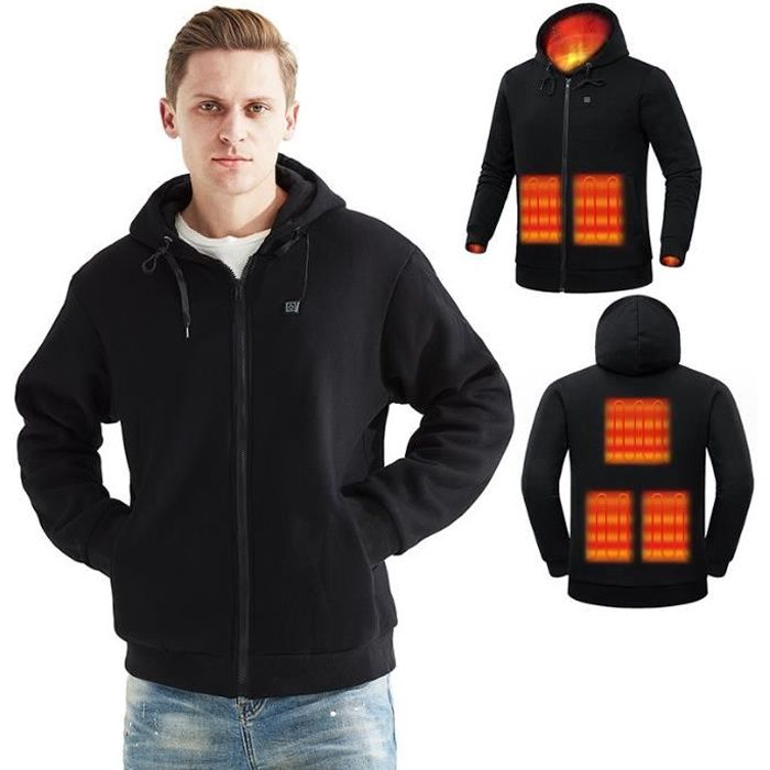 Vestes Chauffantes Homme, Sweat à Capuche Zippé Hiver Chaud Polaire Manteau  Chauffant Manches Longues Chargement USB Chaufferettes