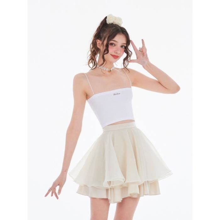 Jupe Mini jupe plissee en maille avec n ud pour femme haut court blanc Camis de rue mode feminine costume deux White top E Blanc Cdiscount Pret a Porter