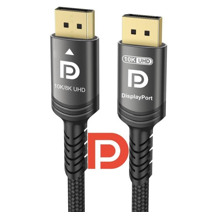 Câble DisplayPort 2.1 Certifié VESA - 7,5 M - 16K@60Hz, 8K@120Hz, 4K@240Hz - Compatible G-Sync/FreeSync - 80 Gbit/s
