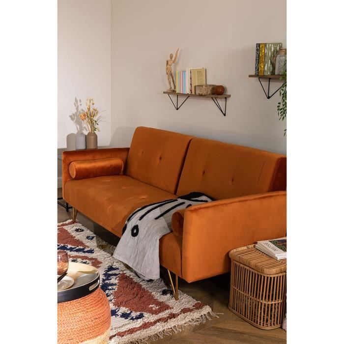 canapé-lit 3 places en velours jehrd - sklum - style vintage - couleur óxido - couchage quotidien