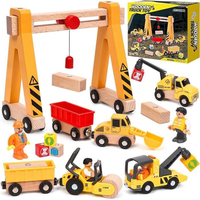 Herenear Véhicule Chantier Jouet En Bois, Voiture Jouet Avec Grue à Portique, Excavateur, Grue, Rouleau Compresseur, Cadeau Jeu Educatif Pour Enfants Garçon Fille 3+ Ans