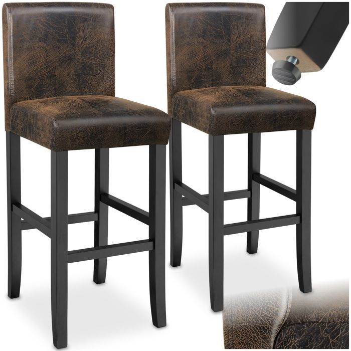 Tabouret de bar - TECTAKE - Lot de 2 tabourets avec dossier rembourré et pieds en bois massif hauteur d’assise 76 cm - Marron foncé
