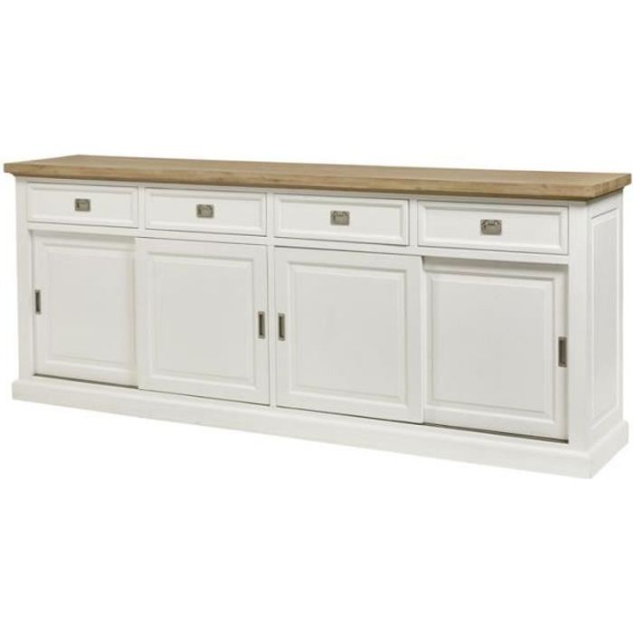 Buffet 4 portes coulissantes 4 tiroirs Blanc/Bois DUNEDIN L 240 x l