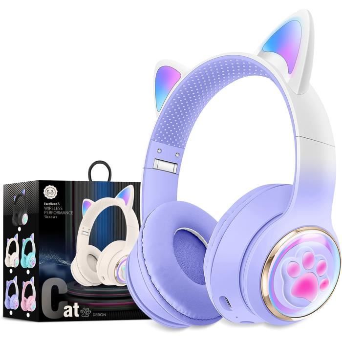 Casque Bluetooth Chat Pour Enfant - Oreilles LED Blanc/rose - Sans Fil, Pliable