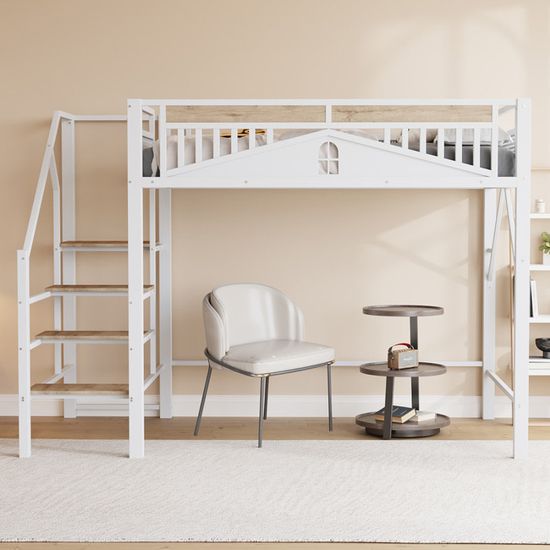 Lit Mezzanine Enfant 2 Places 140x200 - Métal Et Bois, échelle Sécurisée, Rangements, Blanc
