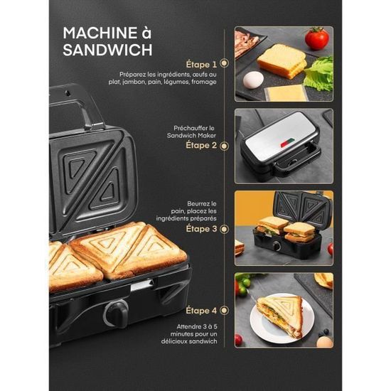 Gaufrier 1200W 3 En 1 FOHERE - Croque-Monsieur, Gaufres Et Grill Avec Plaques Amovibles