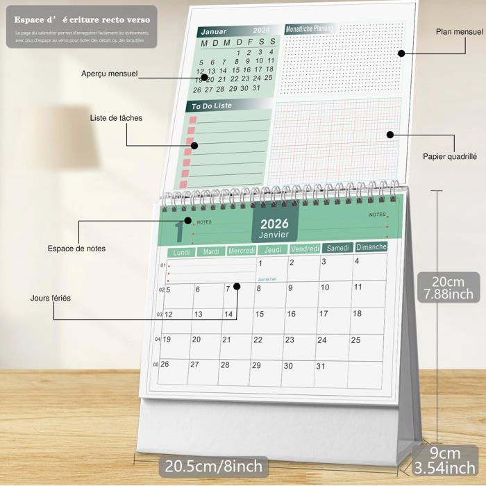 Calendrier De Bureau Semainier Juillet 2025 à Décembre 2026 - Planning Mensuel Avec Support Pour Table