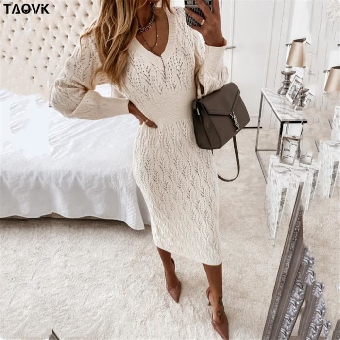 Robe Pull D'automne-hiver Pour Femme – Maille Tricotée En Laine, Col V, Manches Longues – Midi élégante, Chaude Et Confortable – Parfaite Pour Sorties, Travail, Fêtes