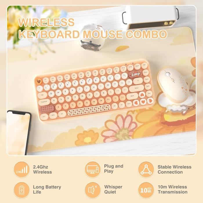 Clavier Souris Sans Fil Rétro Machine à Écrire – Touches Rondes Mignonnes Dégradé Coloré, 104 Touches Ergonomique QWERTY US 2.4G