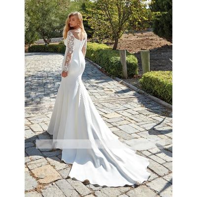 Robe De mariee sirene col bateau manches longues avec des Appliques en dentelle Design De boutons couleurs blanc Blanc Cdiscount Pret a Porter