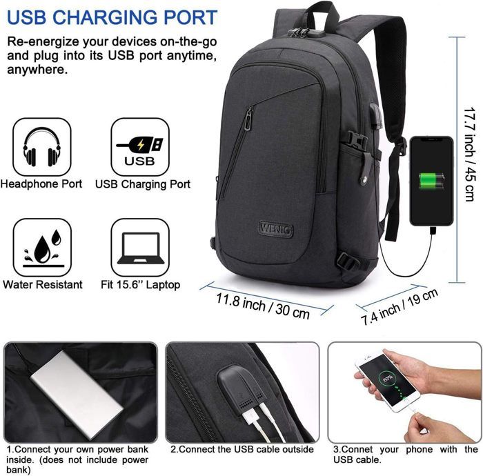 Sac a Dos WENIG Antivol Ordinateur Portable 15.6 Pouces Homme Impermeable avec USB Charging Port Fonctionnel pour