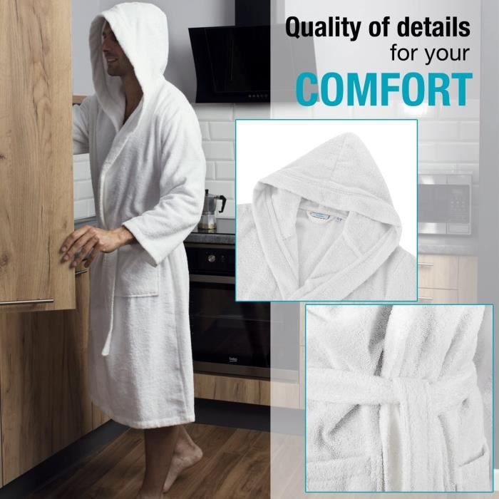 Twinzen Peignoir de Bain Homme XS S M L XL XXL Blanc 100 Coton avec Capuche Certifie OEKO TEX Robe de Chambre E 105 Cdiscount Maison