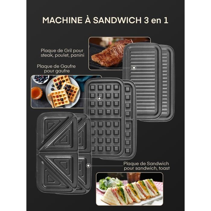 Gaufrier Multifonction Croque Monsieur Machine à Sandwich Gaufrier 6 en 1  Grille de Contact 750W Noir VINTEKY®