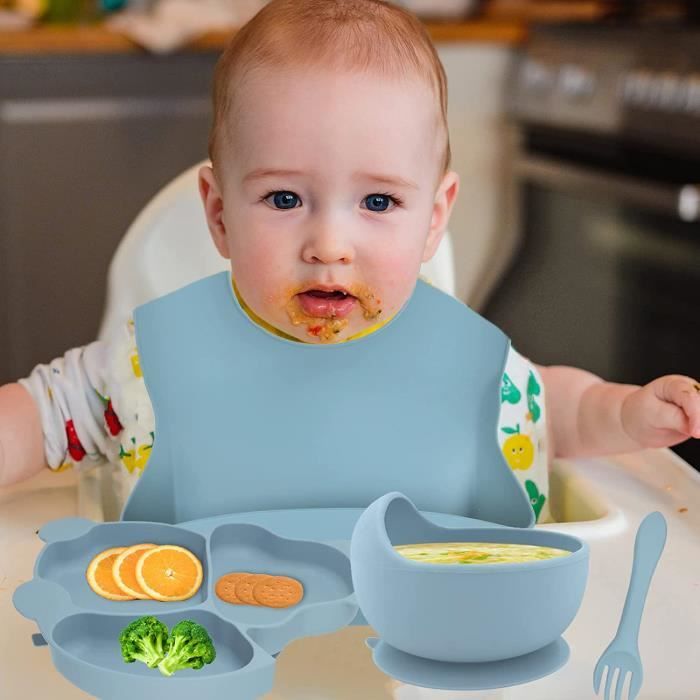 Hoseay Assiette Bébé Set Repas avec Ventouse, Lot de 5 Silicone Vaisselle  Enfant Garcon Antiderapant Bol Assiette Bebe Bavoirs Fourchette Cuillère