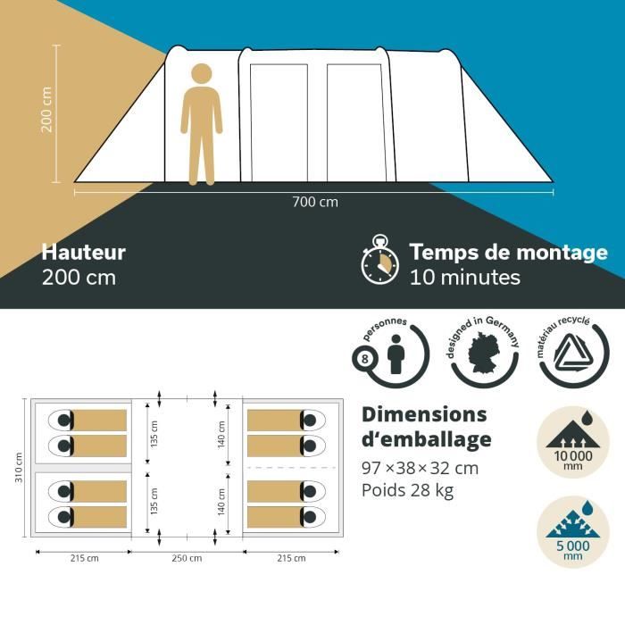 Tente Tunnel Skandika Montana 8 Personnes - Grande Tente Familiale Avec Cabines Séparées Et Tapis De Sol