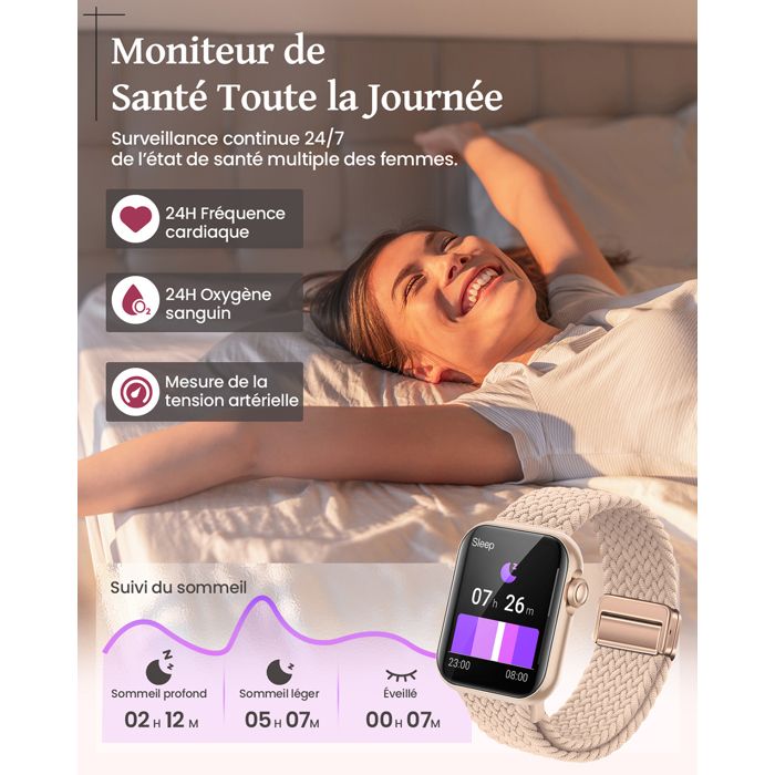 AIMIUVEI Montre Connectée Femme 1,83'' avec Appel Bluetooth/4  Bracelet/110+Modes Sportifs/Sommeil/Podometre/Fréquence/SpO2/IP68