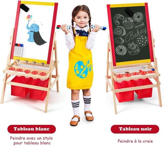 Chevalet D'Art Double Face Enfant Pliable - Hauteur Réglable 75-111cm, Tableau Blanc/Noir Rotatif 360