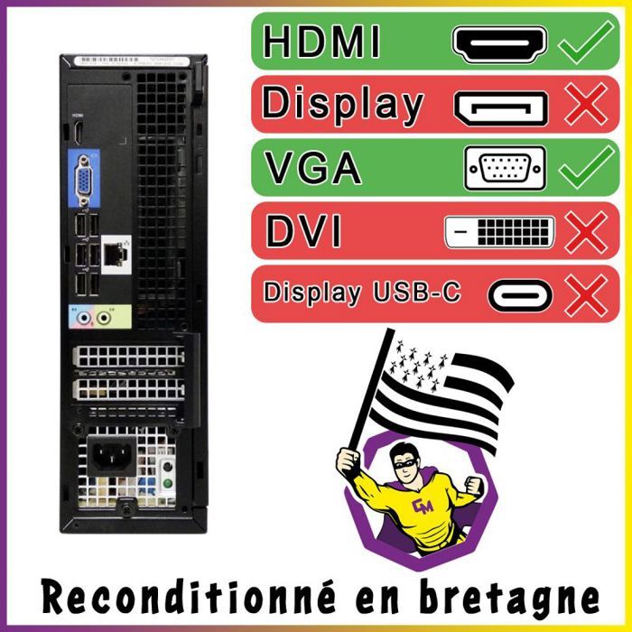 PC Dell Optiplex 3010 DT Reconditionné Intel I5-3470 16Go RAM 500Go HDD Windows 10 Avec WiFi - Bureau Fiable