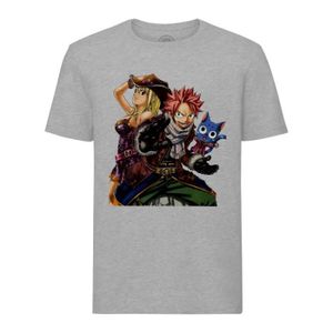 T-SHIRT T-shirt Homme Col Rond Gris Fairy Tail Natsu Lucy 