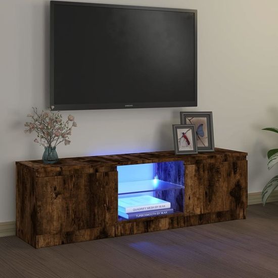 Meuble TV Blanc 120 Cm Avec Lumières LED RGB - En Bois Et Verre Trempé, Rangements Multimédia