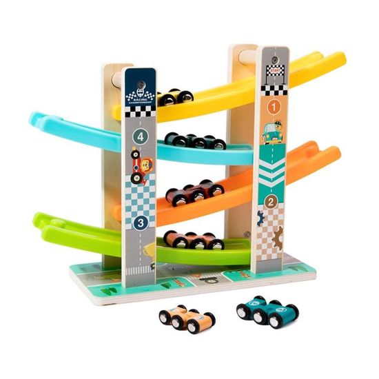 Jacootoys Piste De Course En Bois Rampe Racer - 4 Mini Voitures Colorées - Jouet Éducatif En Bois Pour Bébé 1 à 3 Ans Garçon Fille - Idée Cadeau Anniversaire Top !