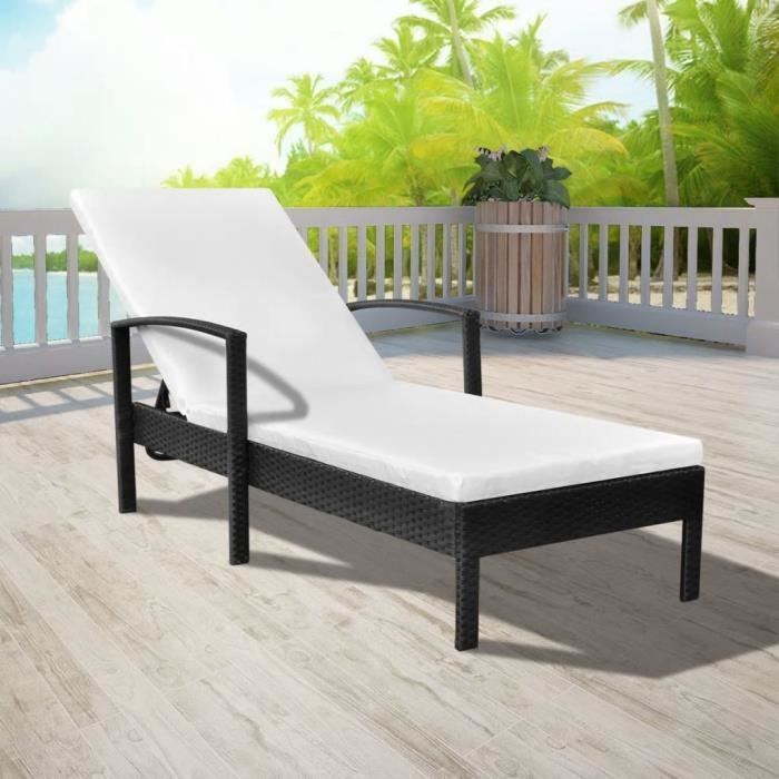 Chaise longue avec coussin Noir Résine tressée - FOREVEN