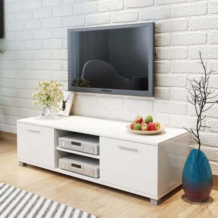 EQI Meuble TV à haute brillance blanc 120 x 40,3 x 34,7 cm