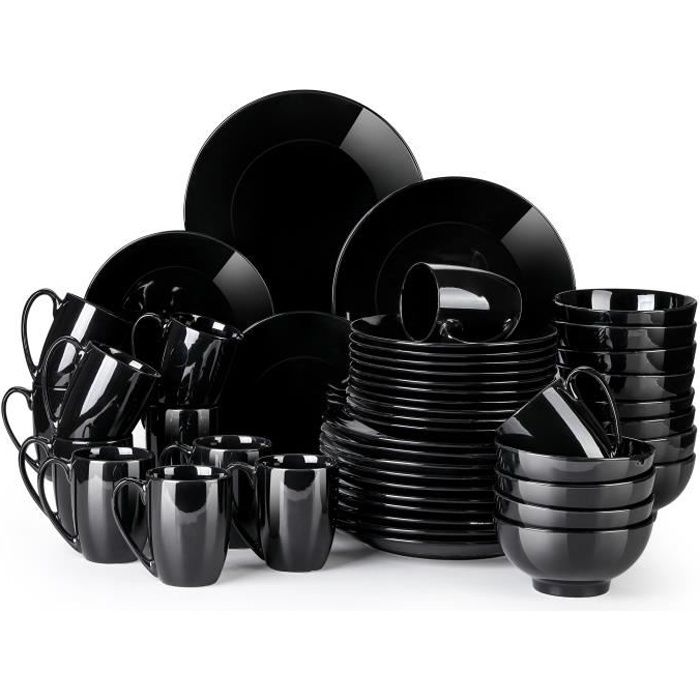 Service de Table en Porcelaine - Service Vaiselle Complet 48 Pièces pour 12 Personnes - Noir - LOVECASA Série Sweet