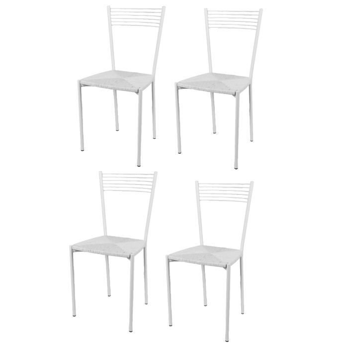 Tommychairs - Set 4 chaises cuisine ELEGANCE, robuste structure en acier peindré en blanc et assise en fausse paille couleur blanc