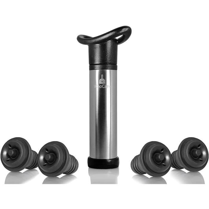 VinoCare Pompe à Vin - Coffret Vacu Vide Sommelier avec 4X Bouchons Triple Flange - La Meilleure façon de Conserver Son Vin - Black