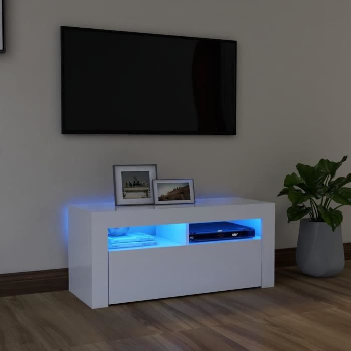 WONG Meuble TV avec lumières LED Avec design à la fois tendance et pratique Blanc 90x35x40 cm