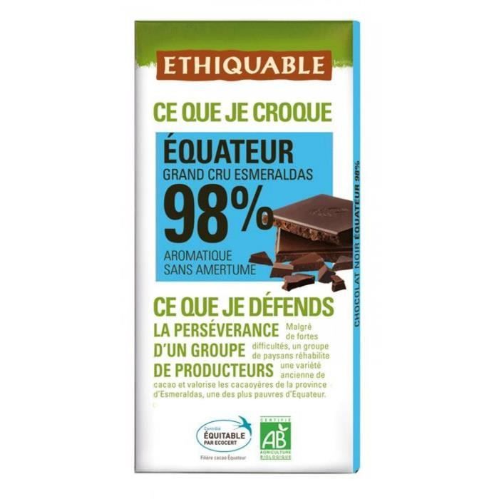 ETHIQUABLE Chocolat noir 98% d'Equateur - Bio - 100g
