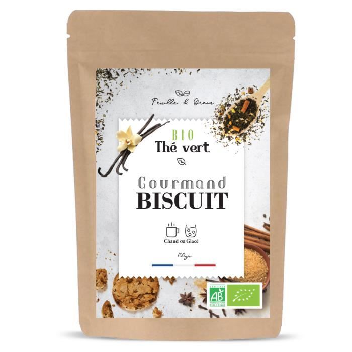 Biscuit Gourmand - Thé Vert Aromatisé Bio - Fruits Mélangés -Feuilles en Vrac -Plante Naturelle pour Infusion de qualité -Poids 100g